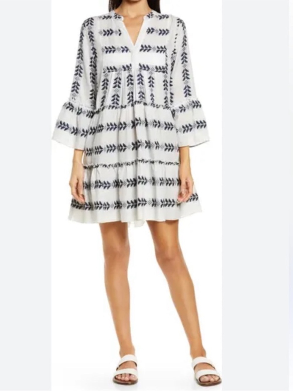 Elan 100% Cotton White Dress with Navy Geometric Embroidery